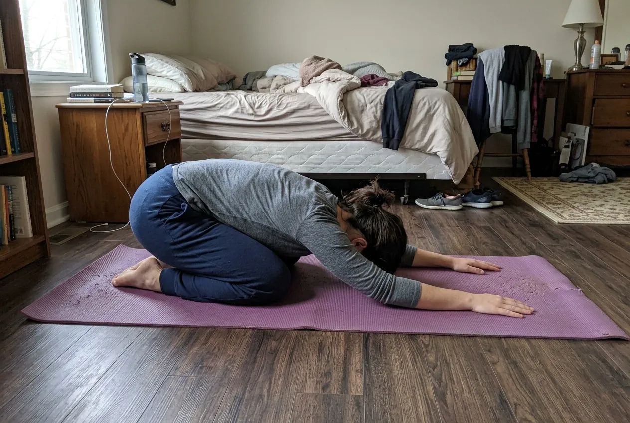 Pozice dítěte (Balasana) pro protažení a zklidnění po ránu