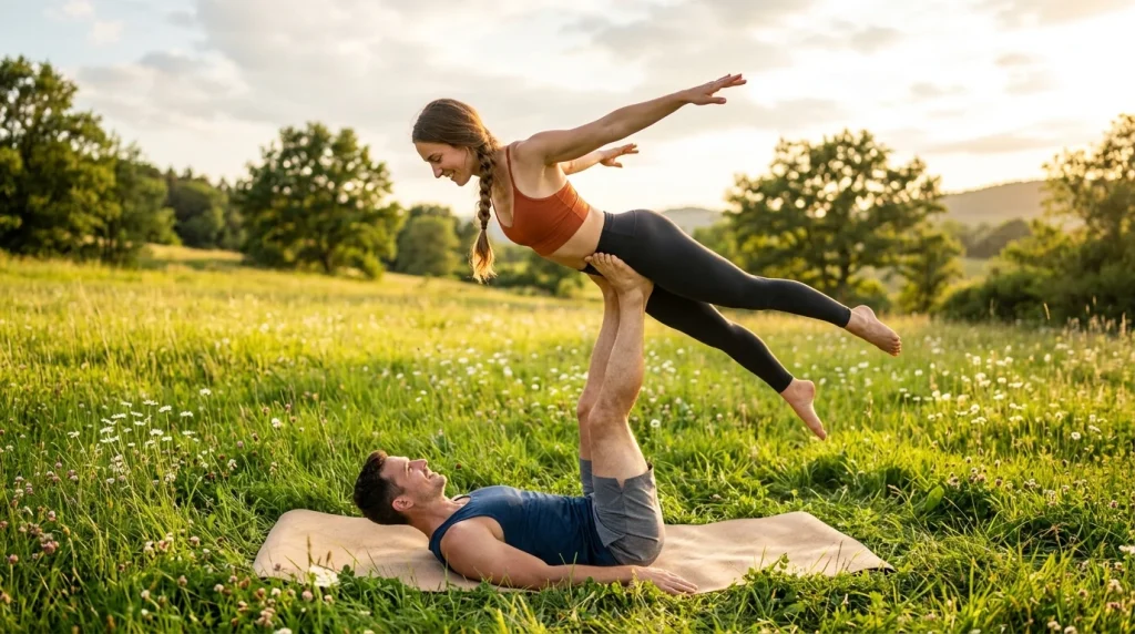 Párová jóga (Partner jóga & AcroYoga): Kompletní průvodce cvičením ve dvou, pozice a tipy 2 Muž a žena cvičící harmonickou párovou jógu a partnerskou pozici na louce (Obrázek vygenerovaný umělou inteligencí)
