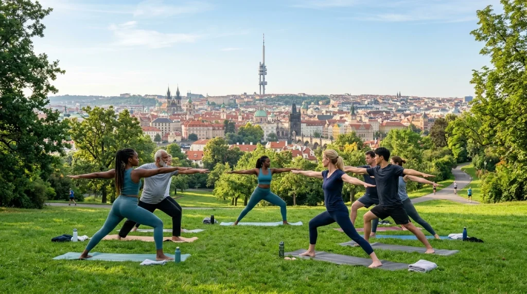 Jóga Praha Žižkov a Vinohrady: Průvodce studii, venkovními lekcemi a workshopy 7 Skupina lidí cvičící ranní jógu v parku na Žižkově s výhledem na Prahu (Obrázek vygenerovaný umělou inteligencí)