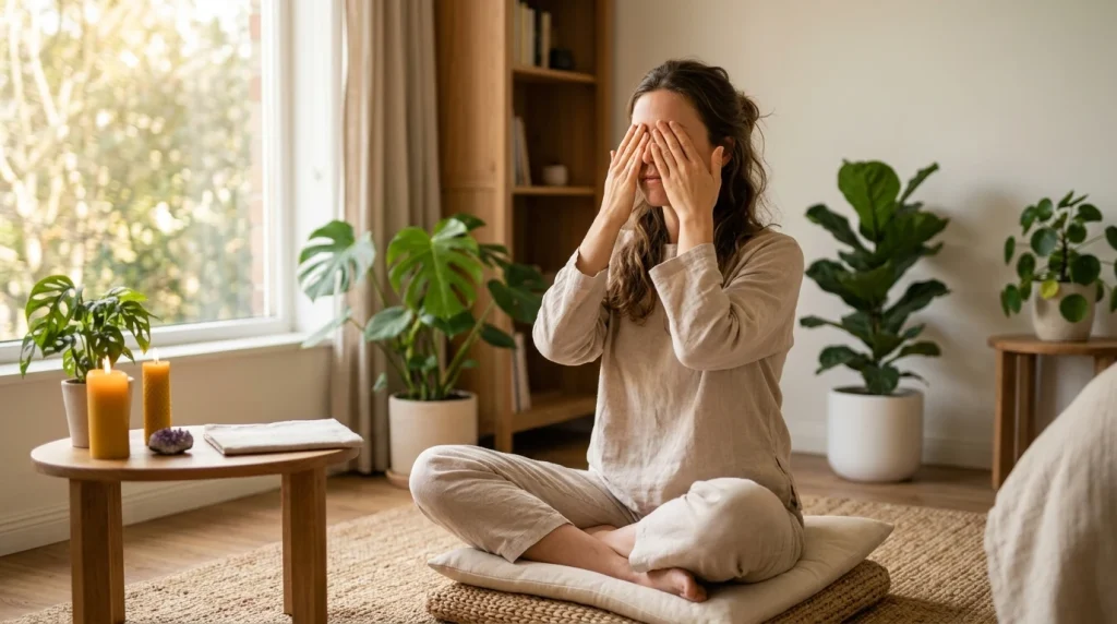 Žena provádějící palming a oční jógu pro uvolnění zraku v meditačním pokoji (Obrázek vygenerovaný umělou inteligencí)